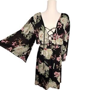 Maurices Lace Up Floral Mini Dress Women Plus Size 0X Bell Sleeve Romantic Fairy